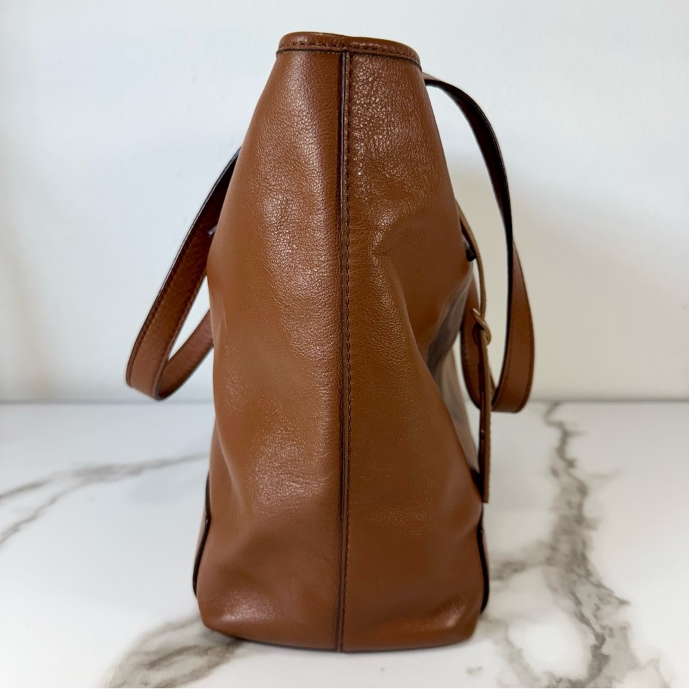 Fossil Reversible Slouchy Brown Tan Leather Metallic Rose Gold Handbag Tote Bag - Picture 16 of 16